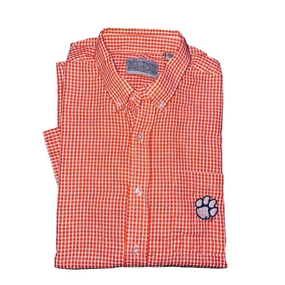 B1 Clemson Tigers Mens Short Sleeve Shirt Top Large Orange Gingham